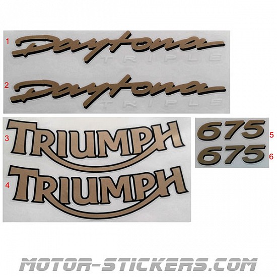 Triumph 675 Decals 2 Stickers in Black & Silver Gray Outline for restoration